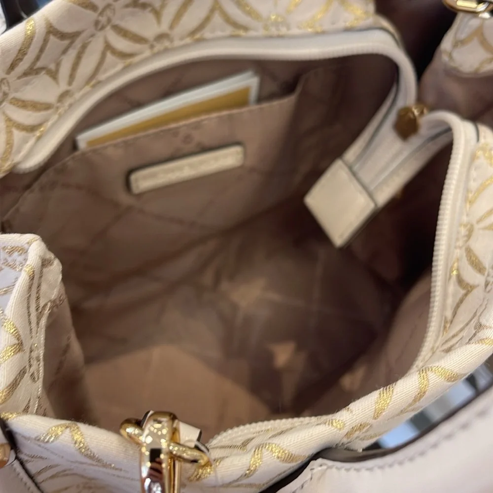 Michael Kors Mirella Small Metallic Logo Jacquard Crossbody Bag
Light Cream 
NWT - Picture 10 of 16